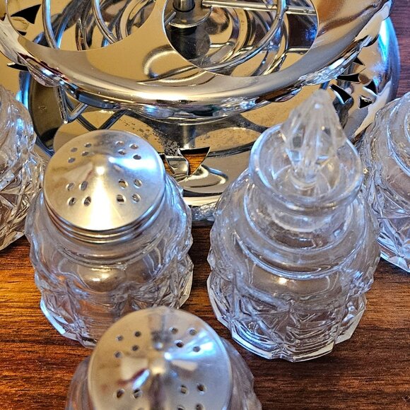 Vintage rotating cruet set rotating 5 pc metal/glass salt pepper oil/vinegar jam - Picture 5 of 9